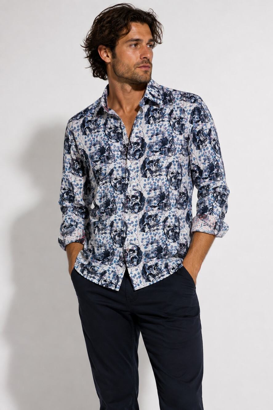 Robert Graham Blue White Skull Floral Print Button Down Shirt Mens S Preppy Bold